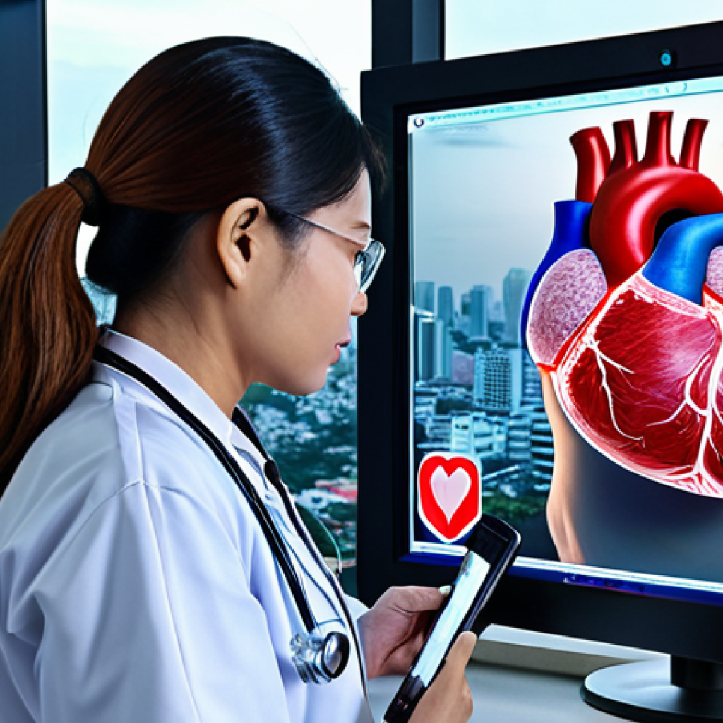 **A diverse group of Thai medical professionals (doctors, nurses, technicians) collaborating with a holographic AI interface displaying a detailed 3D human heart, with the Bangkok skyline visible through a window in the background. Emphasize the blend of traditional medical practice with modern AI technology in a Thai hospital setting.**