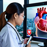 **A diverse group of Thai medical professionals (doctors, nurses, technicians) collaborating with a holographic AI interface displaying a detailed 3D human heart, with the Bangkok skyline visible through a window in the background. Emphasize the blend of traditional medical practice with modern AI technology in a Thai hospital setting.**