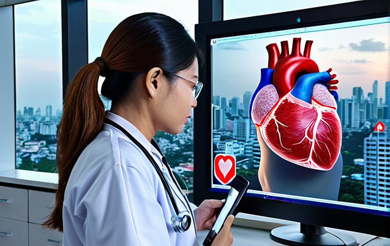 **A diverse group of Thai medical professionals (doctors, nurses, technicians) collaborating with a holographic AI interface displaying a detailed 3D human heart, with the Bangkok skyline visible through a window in the background. Emphasize the blend of traditional medical practice with modern AI technology in a Thai hospital setting.**