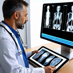 **Prompt:** A doctor using an AI-powered diagnostic tool. The AI shows potential anomalies in a medical image (like an X-ray or MRI), with the doctor reviewing the findings on a tablet. Highlight the collaboration between human expertise and AI assistance, emphasizing data accuracy and decision support. The setting is a modern, clean hospital environment.