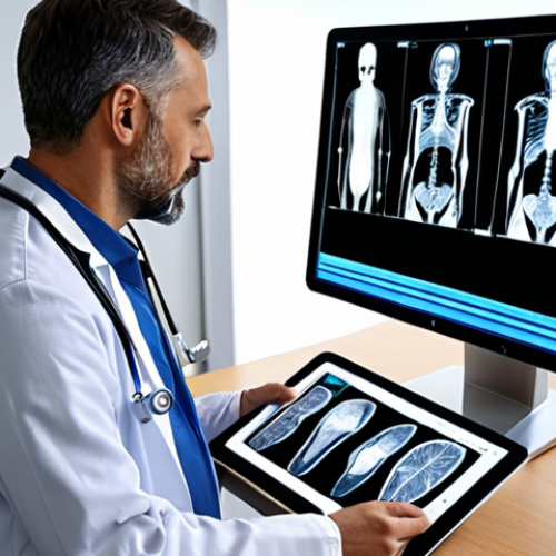 **Prompt:** A doctor using an AI-powered diagnostic tool. The AI shows potential anomalies in a medical image (like an X-ray or MRI), with the doctor reviewing the findings on a tablet. Highlight the collaboration between human expertise and AI assistance, emphasizing data accuracy and decision support. The setting is a modern, clean hospital environment.