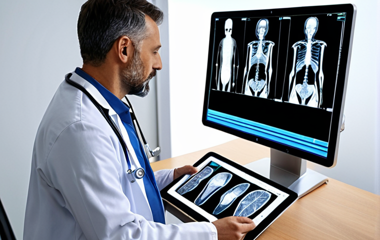 **Prompt:** A doctor using an AI-powered diagnostic tool. The AI shows potential anomalies in a medical image (like an X-ray or MRI), with the doctor reviewing the findings on a tablet. Highlight the collaboration between human expertise and AI assistance, emphasizing data accuracy and decision support. The setting is a modern, clean hospital environment.