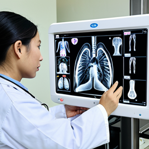 **AI analyzing a chest X-ray in a modern Thai hospital, assisting a doctor in diagnosing lung abnormalities. Focus on the technology and the doctor's collaborative role.**
