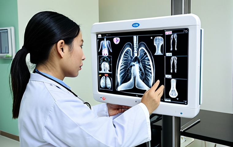 **AI analyzing a chest X-ray in a modern Thai hospital, assisting a doctor in diagnosing lung abnormalities. Focus on the technology and the doctor's collaborative role.**