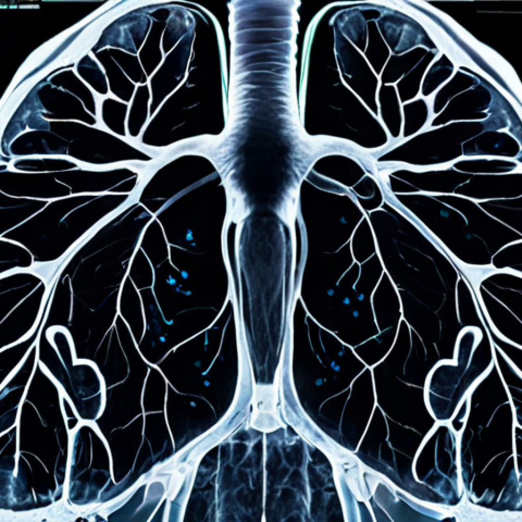 **AI-powered Lung Cancer Diagnosis:** "CT scan image of lungs, highlighting cancerous nodules, diagnosed by AI, medical visualization, high detail, accurate results, professional setting, hospital environment."