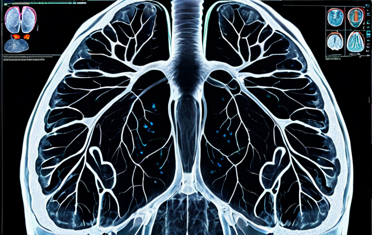 **AI-powered Lung Cancer Diagnosis:** "CT scan image of lungs, highlighting cancerous nodules, diagnosed by AI, medical visualization, high detail, accurate results, professional setting, hospital environment."