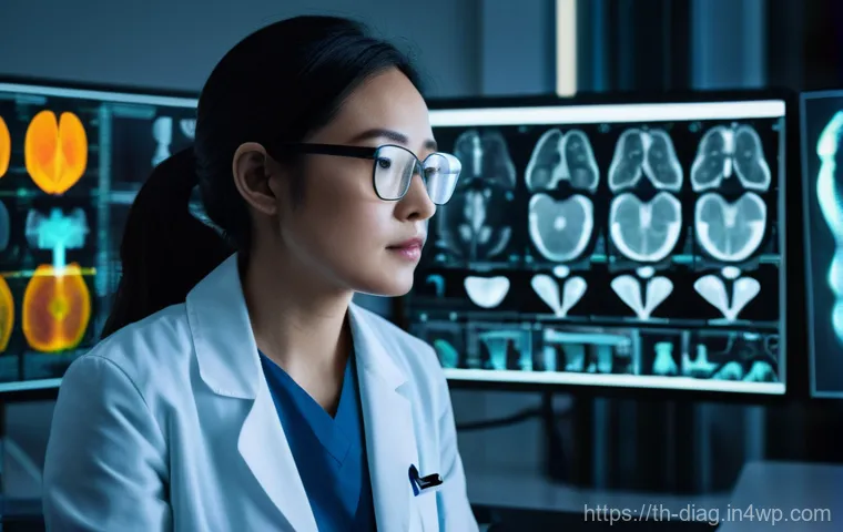 AI 진단 알고리즘의 성능 비교 - **Prompt:** "A highly detailed, realistic image of a modern medical diagnostic room. A professional ...