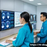 Home 14 AI 의료진단의 환자 편익 평가 - A modern Thai hospital interior showcasing a diverse team of medical professionals including doctors...