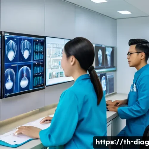 Home 26 AI 의료진단의 환자 편익 평가 - A modern Thai hospital interior showcasing a diverse team of medical professionals including doctors...
