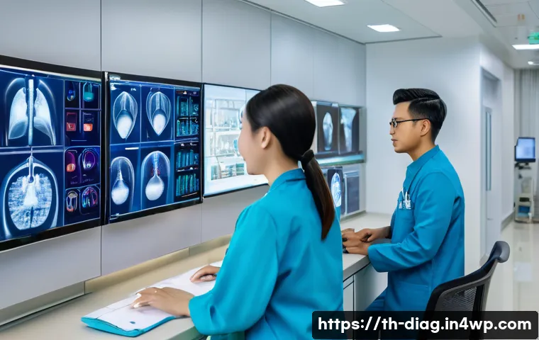 AI 의료진단의 환자 편익 평가 - A modern Thai hospital interior showcasing a diverse team of medical professionals including doctors...