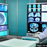 Home 19 AI 의료진단의 예방적 접근 방법 - A modern Thai hospital scene showing a diverse group of doctors and nurses using AI-powered diagnost...