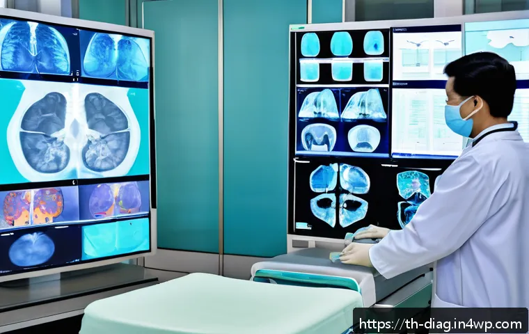 AI 의료진단의 예방적 접근 방법 - A modern Thai hospital scene showing a diverse group of doctors and nurses using AI-powered diagnost...