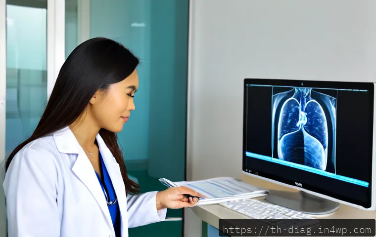 Home 17 AI 의료진단의 안전성 검토 - Photorealistic Thai hospital consultation room, a Thai female doctor in a white coat carefully revie...